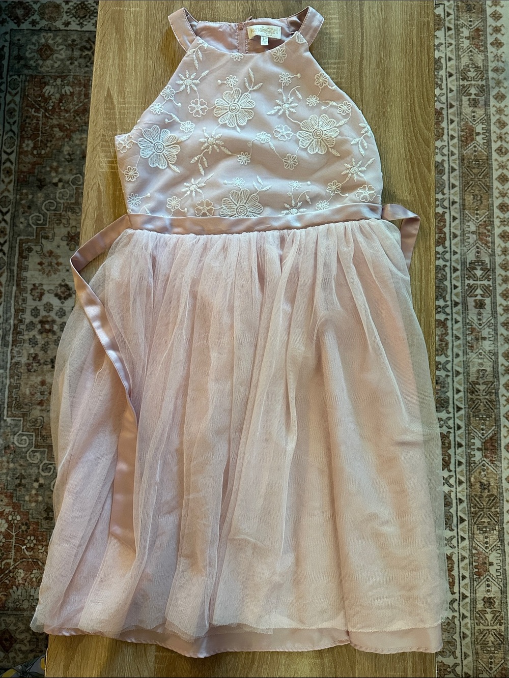 Pink Floral Embroidered Tulle Party Dress for Kids